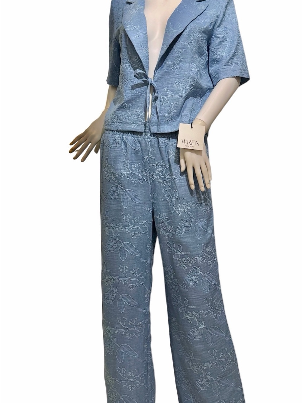 Wren Dusty Blue Embroidered Wide-Leg Pants